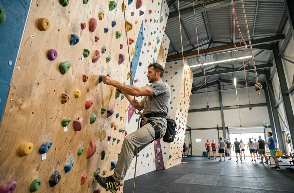 Mur d'escalade intérieur Accro Sport Le Havre avec prises colorées et harnais