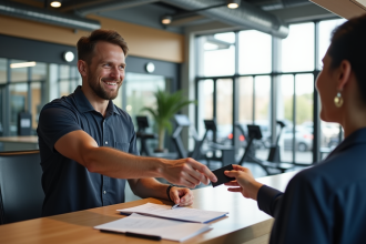 Personne à la réception d'une salle de sport moderne remettant une carte d'adhesion