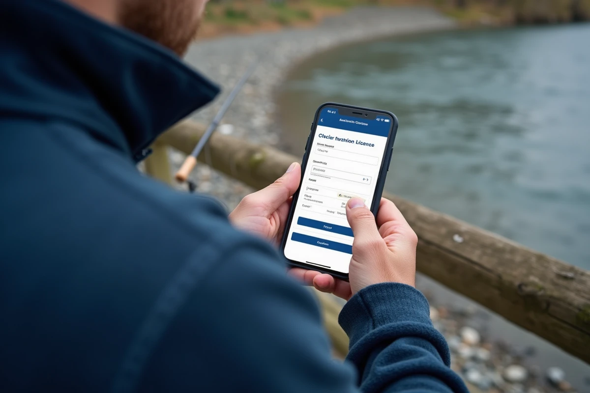 Homme achetant sa carte de pêche en ligne sur smartphone au bord de la rivière