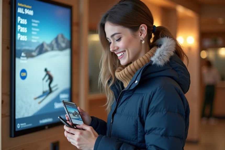 Jeune femme achetant son forfait ski aux Arcs sur son téléphone devant un guichet moderne de station