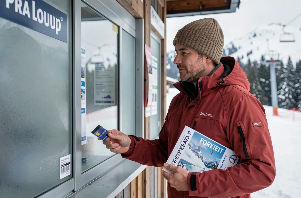 Skieur achetant son forfait de ski au guichet d'une station de Pra Loup avec sa carte bancaire