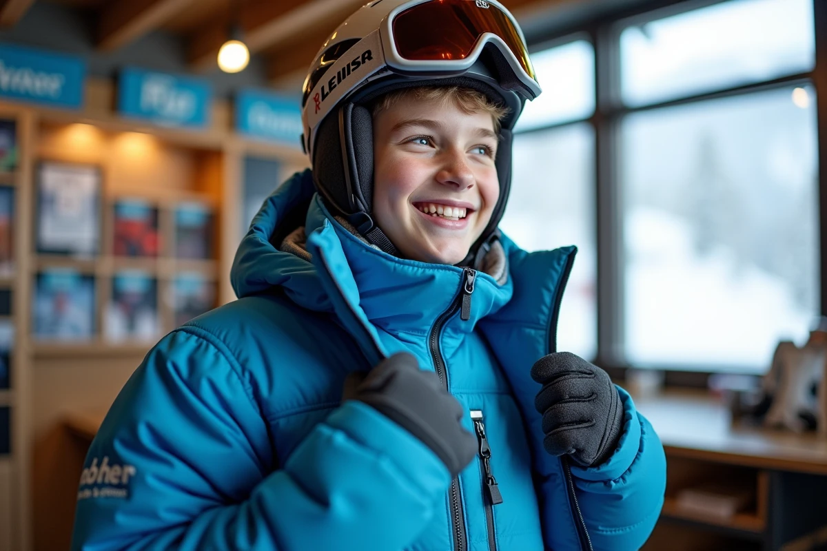 Adolescent en veste de ski bleue dans un bureau de Tignes
