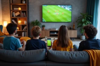 Groupe d'amis regardant un match de football à la maison