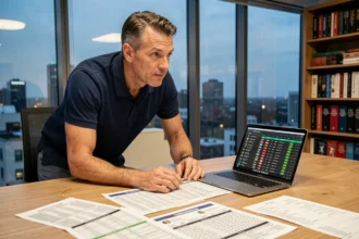 Analyste sportif étudiant le classement A-League 2026 sur son bureau avec des feuilles de statistiques et un ordinateur portable