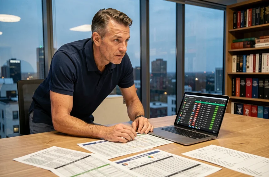 Analyste sportif étudiant le classement A-League 2026 sur son bureau avec des feuilles de statistiques et un ordinateur portable