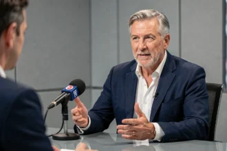 Ancien joueur de rugby français devenu consultant médiatique, en blazer marine, lors d'une interview en studio