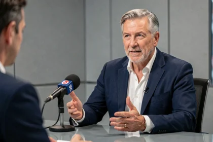Ancien joueur de rugby français devenu consultant médiatique, en blazer marine, lors d'une interview en studio