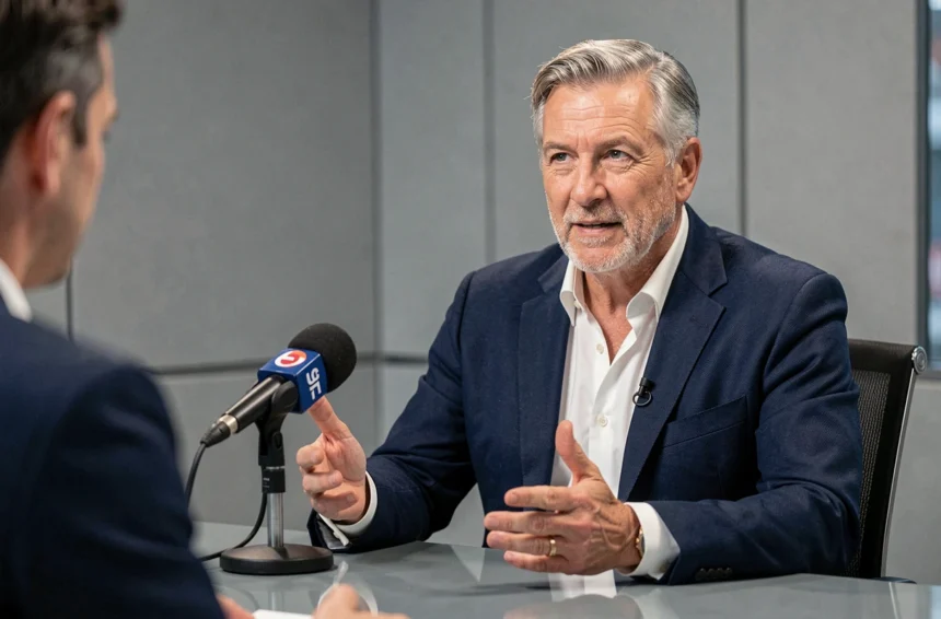 Ancien joueur de rugby français devenu consultant médiatique, en blazer marine, lors d'une interview en studio