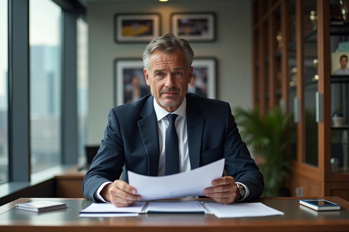 Ancien champion de tennis en costume dans un bureau moderne