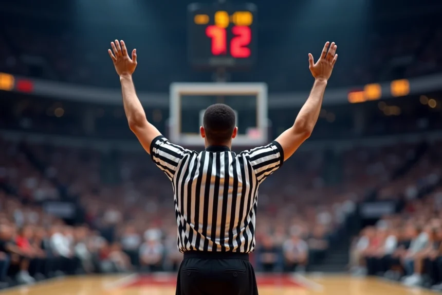 Arbitre de basket signalant un temps mort au centre du terrain lors d'un match en salle