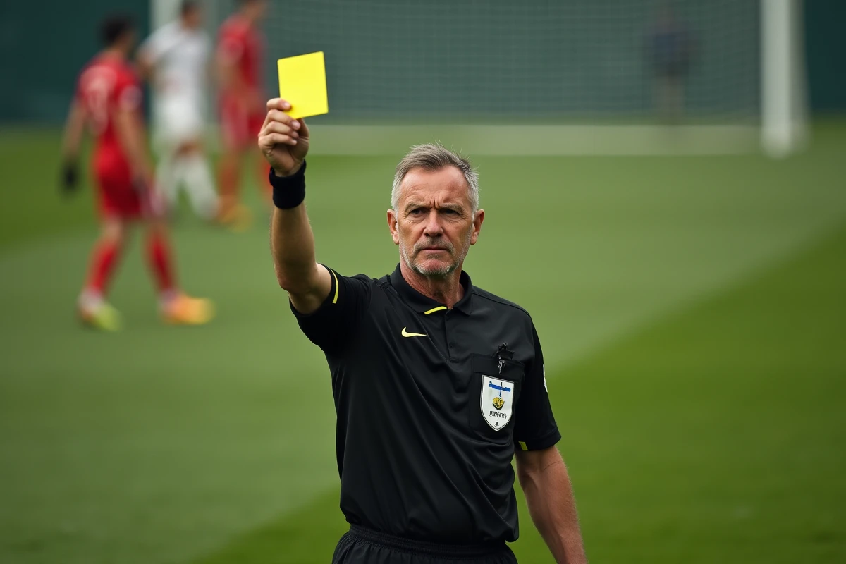 Arbitre officiel brandissant un carton jaune lors d'un match de football du district de l'Aisne