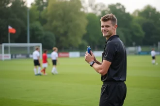 Arbitre adolescent en uniforme sur le terrain de football