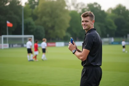 Arbitre adolescent en uniforme sur le terrain de football