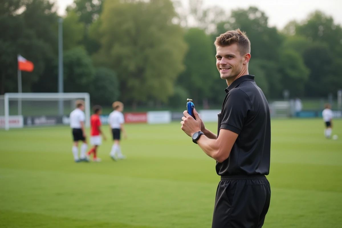 Arbitre adolescent en uniforme sur le terrain de football