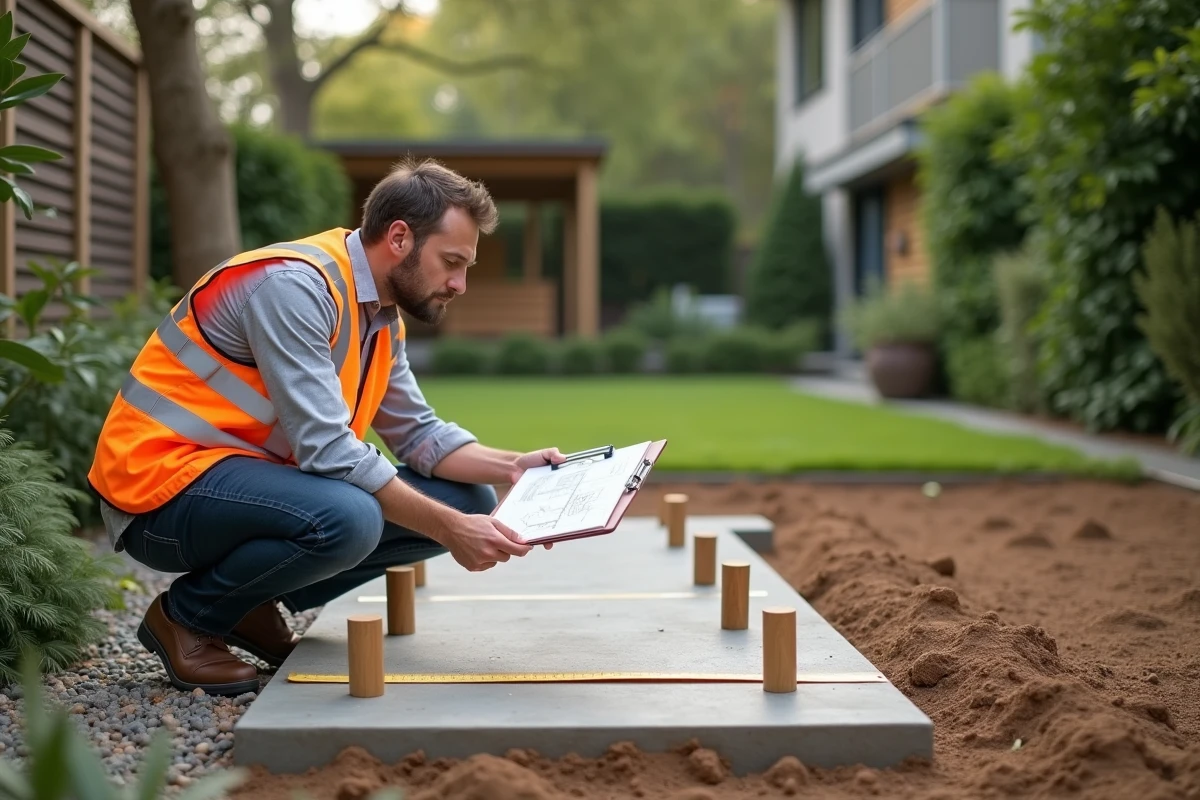 Architecte paysagiste mesurant l'espace disponible pour l'installation d'un terrain de padel dans un jardin privé