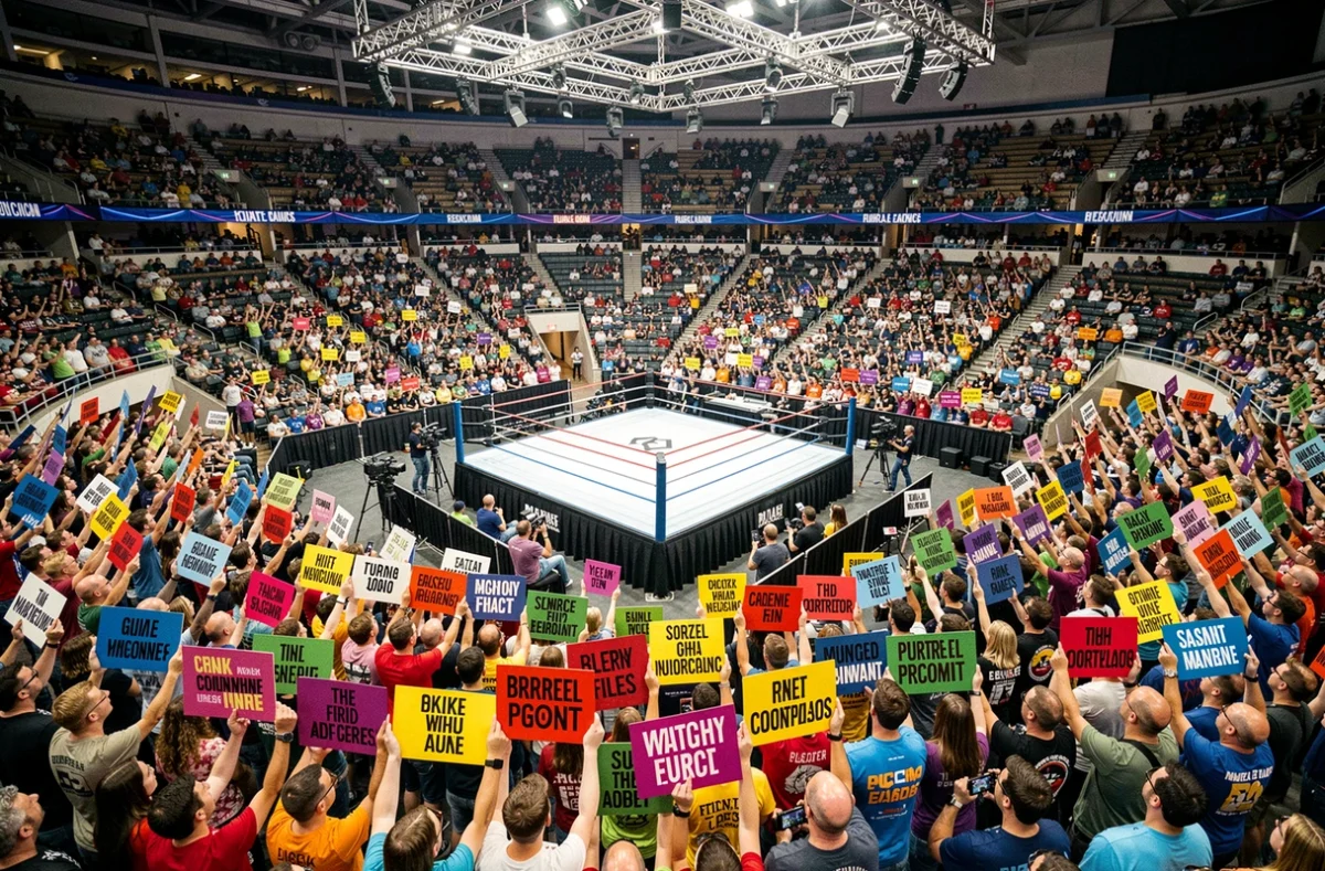 Vue panoramique d'une arène WWE comble pendant le Saturday Night Main Event avec le ring central