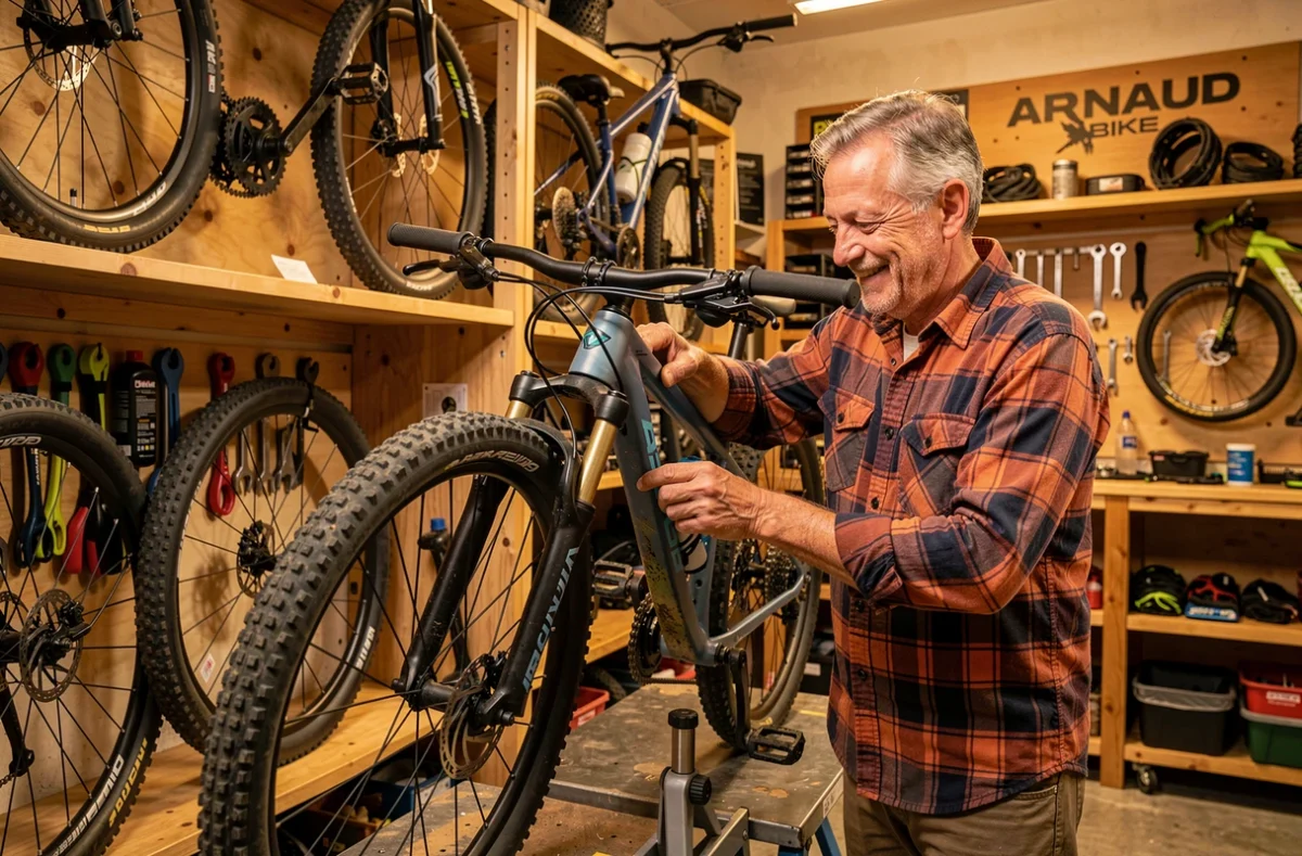 Propriétaire d'Arnaud Bike à Toulouse réglant un vélo de montagne dans une boutique à l'ambiance chaleureuse