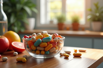 Bol rempli de compléments alimentaires colorés sur une table en bois