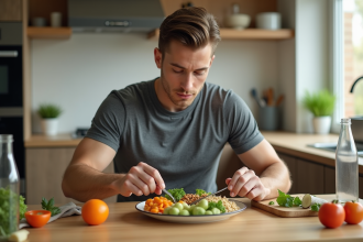 Jeune athlète préparant un repas sain dans la cuisine