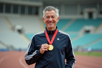 Athlète masculin avec médaille d'or dans un stade vide