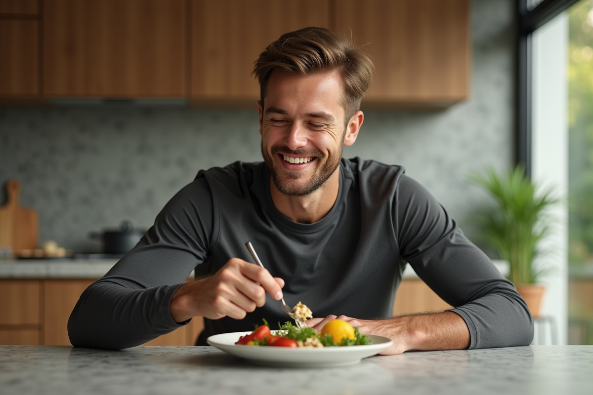 Jeune athlète mangeant un repas preworkout dans la cuisine