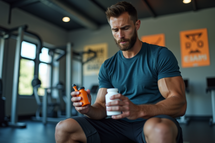 Athlète homme étudiant une bouteille d omega3 en salle de sport