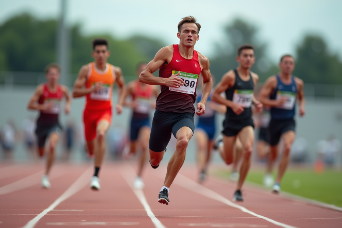Groupe d'athletes en course sur un stade en plein jour