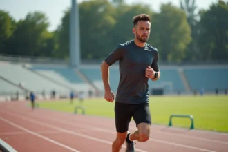 Homme athlétique courant vérifiant ses statistiques sur smartwatch