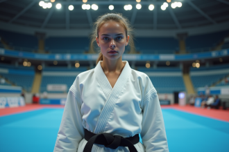 Jeune athlète de karaté en gi blanc et ceinture noire