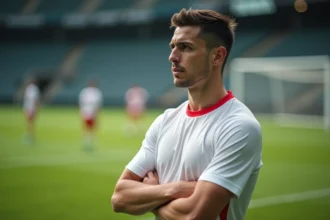 Joueur de football professionnel en tenue d'entraînement du PSG regardant au loin sur le terrain, symbolisant l'incertitude de son avenir au club
