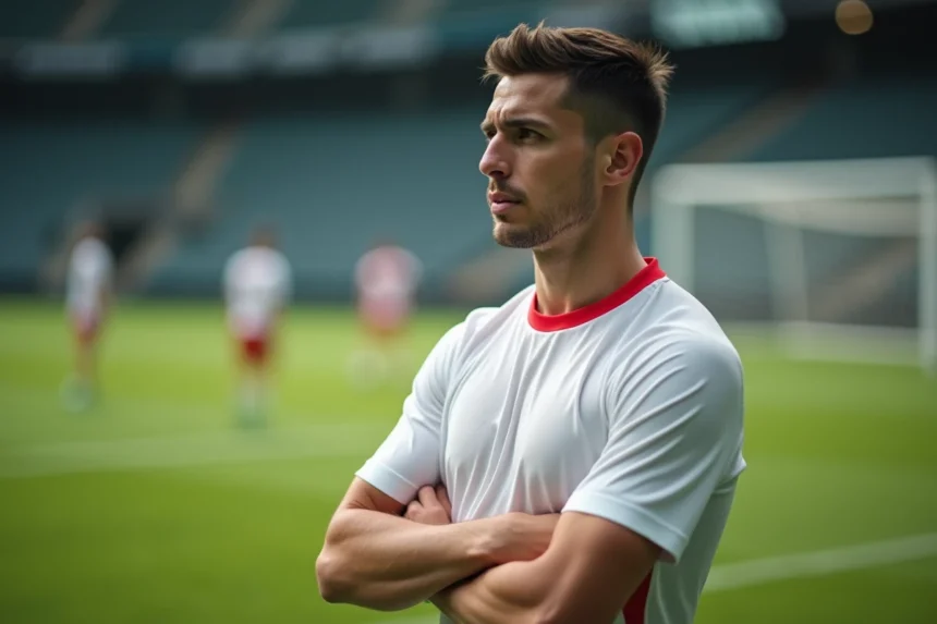 Joueur de football professionnel en tenue d'entraînement du PSG regardant au loin sur le terrain, symbolisant l'incertitude de son avenir au club