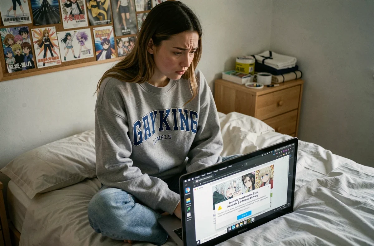 Jeune femme découvrant un avertissement de sécurité en lisant des scans VF de manga sur son ordinateur
