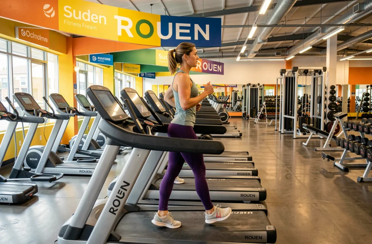 Salle de sport Basic-Fit Rouen avec rangées de tapis de course et équipements cardio