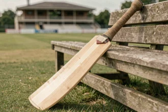 Bat de cricket en willow du Kashmir posé contre un banc en bois sur un terrain de cricket extérieur
