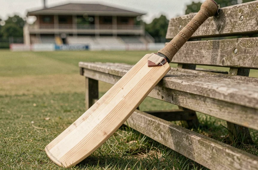 Bat de cricket en willow du Kashmir posé contre un banc en bois sur un terrain de cricket extérieur