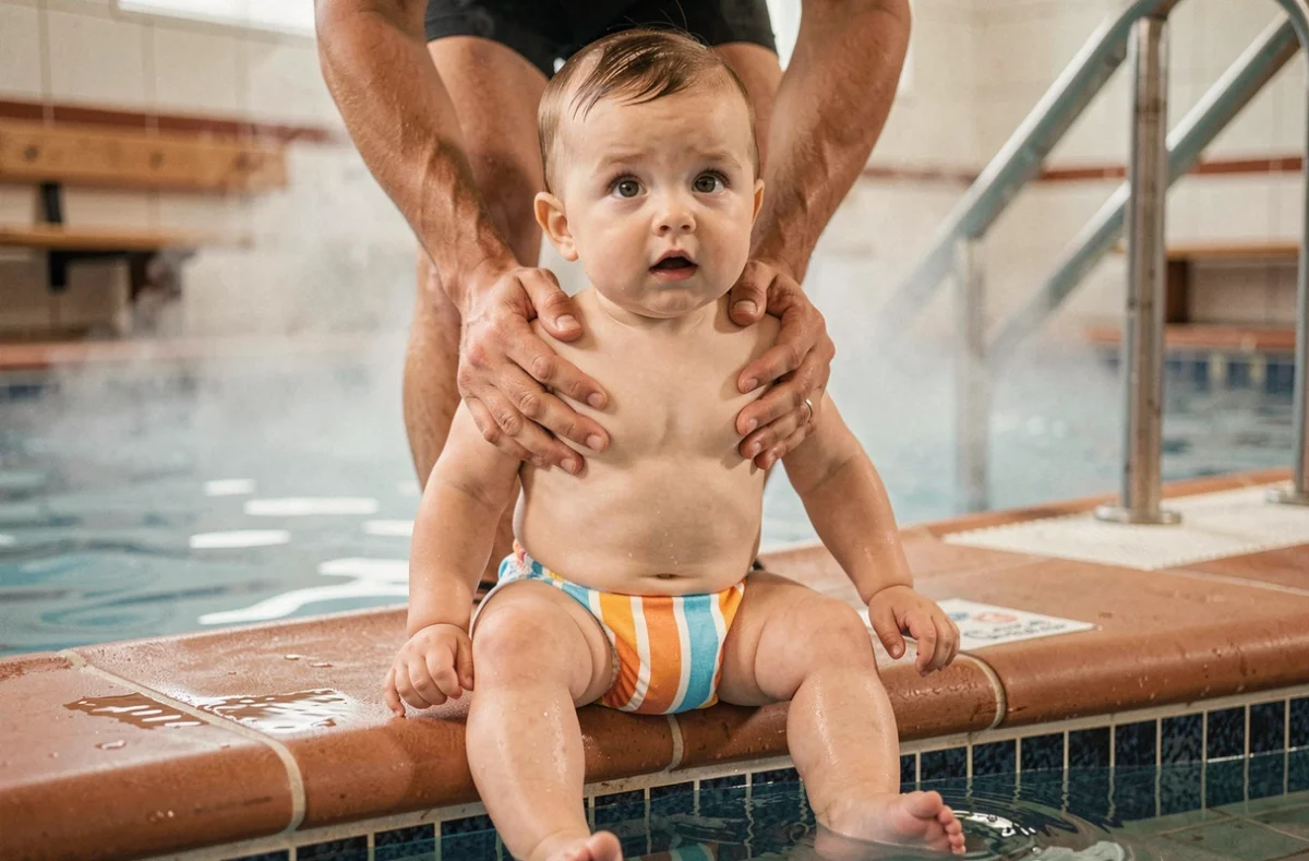 Bébé nageur assis au bord du bassin lors d'un créneau bébés nageurs dans une piscine municipale parisienne