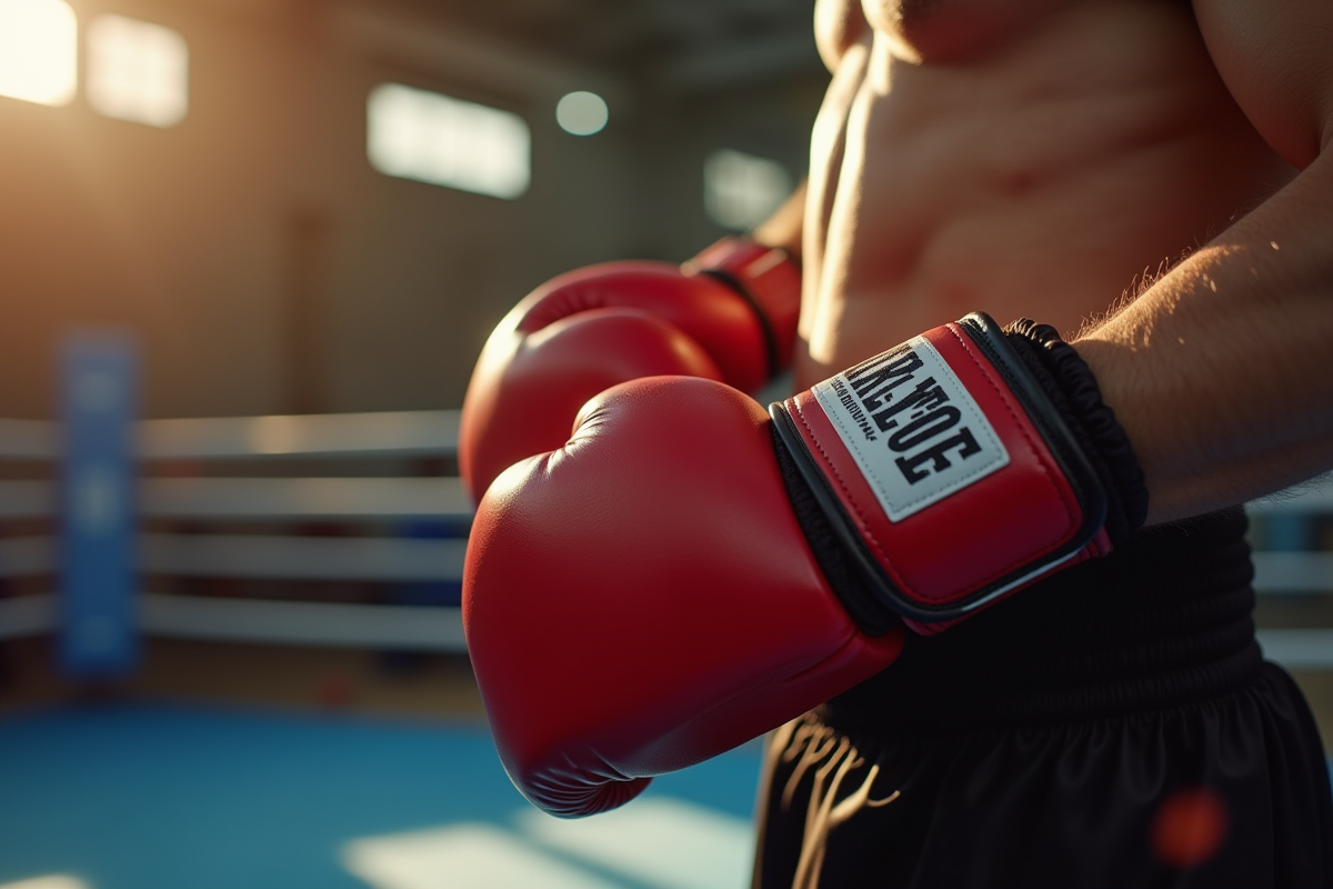 Boxeur en train de lacer ses gants dans un gym lumineux