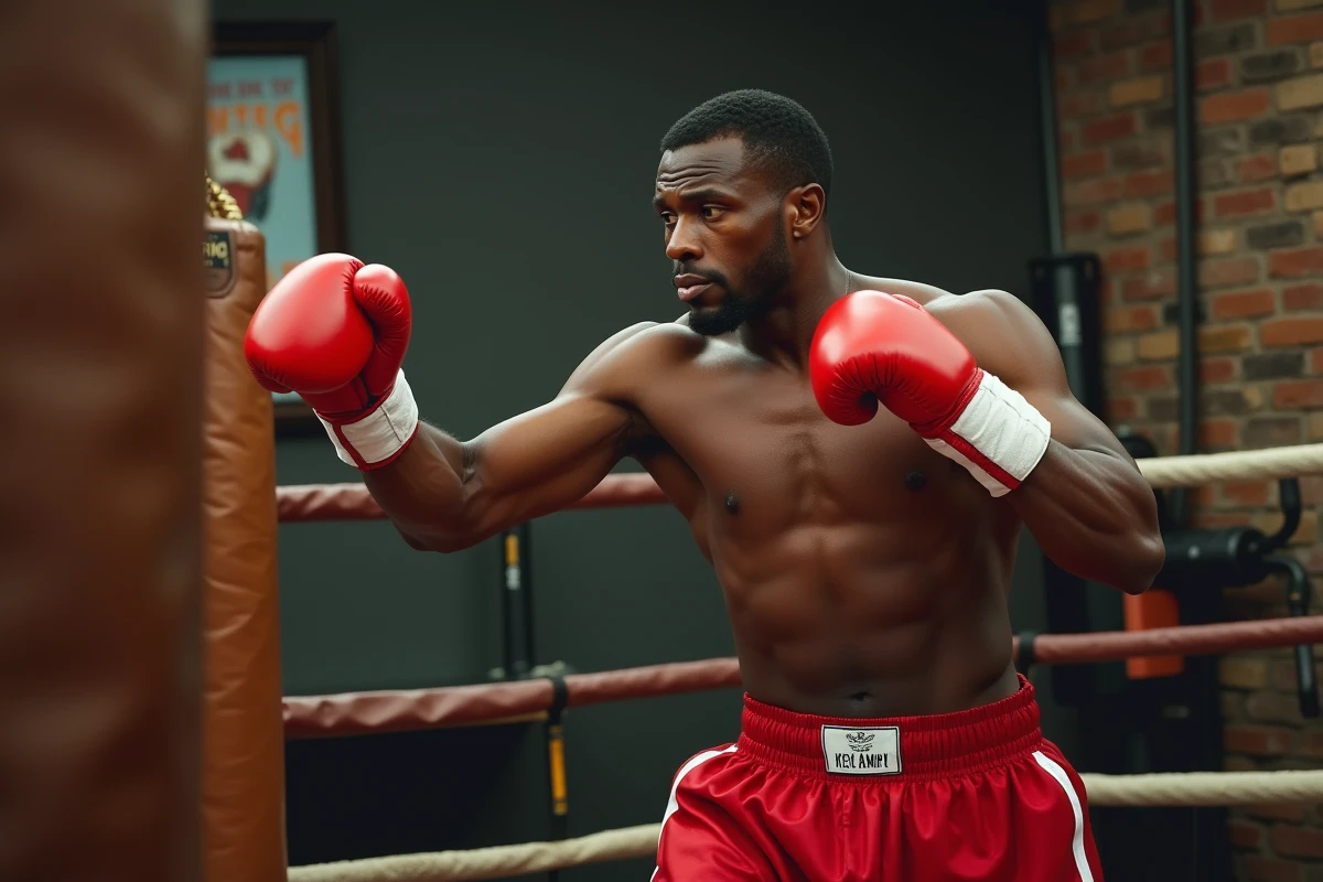 Boxeur afroamericano en entraînement vintage 1970s