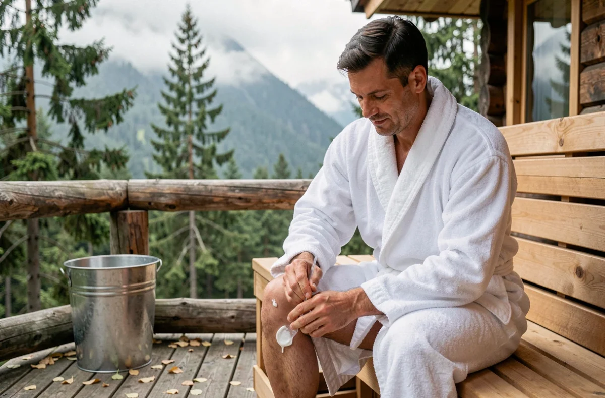 Homme en robe de bain appliquant un baume de récupération musculaire sur une terrasse de sauna nordique en montagne, cadeau bien-être pour sportif