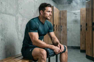 Homme sportif en tenue de récupération tenant un foam roller dans un vestiaire moderne, idéal pour illustrer les cadeaux de récupération sportive
