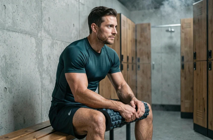 Homme sportif en tenue de récupération tenant un foam roller dans un vestiaire moderne, idéal pour illustrer les cadeaux de récupération sportive