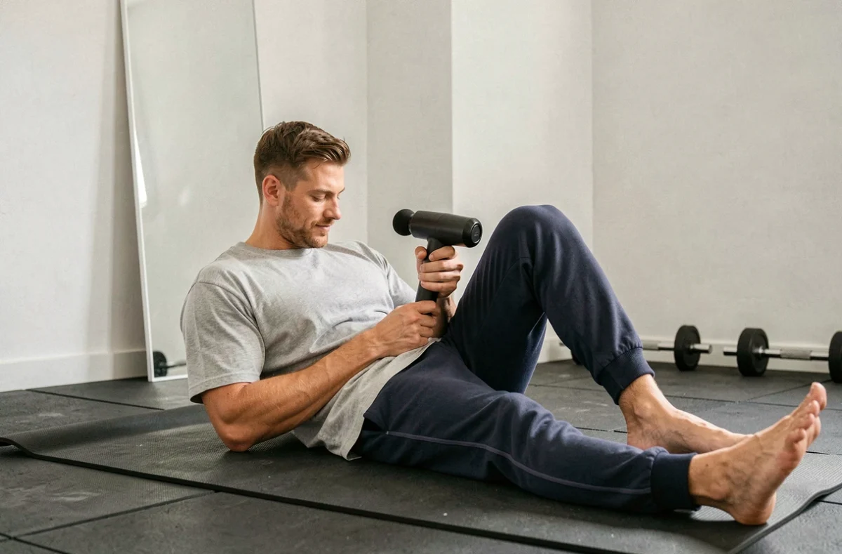 Homme athlétique utilisant un pistolet de massage sur les jambes dans une salle de sport à domicile, cadeau idéal pour sportif axé récupération musculaire