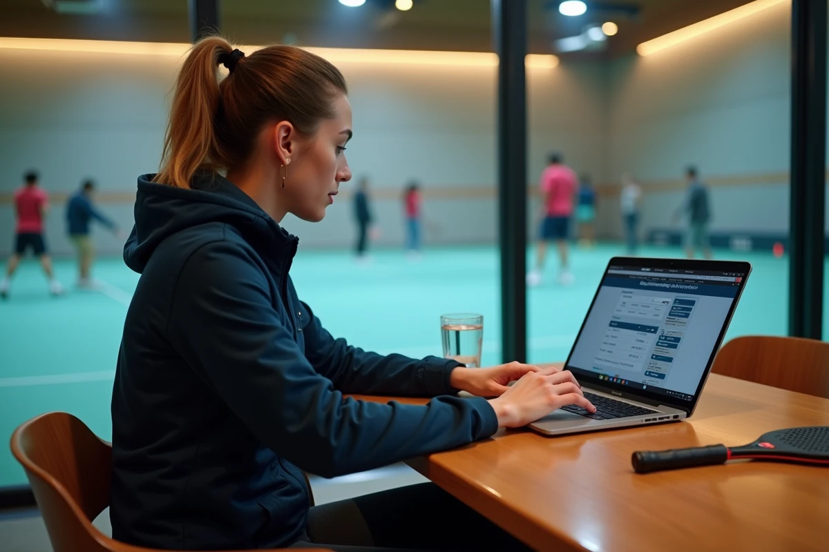 Joueuse de padel calculant ses gains de points P250 sur un ordinateur portable dans un club
