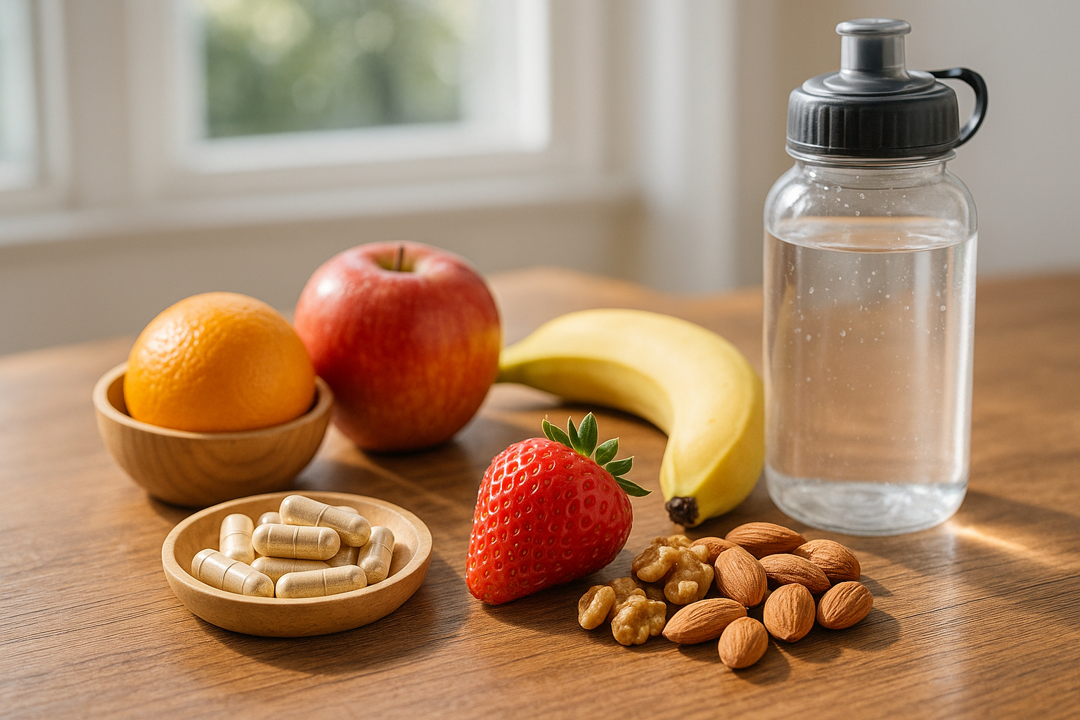 Capsules naturelles fruits et noix sur une table de cuisine