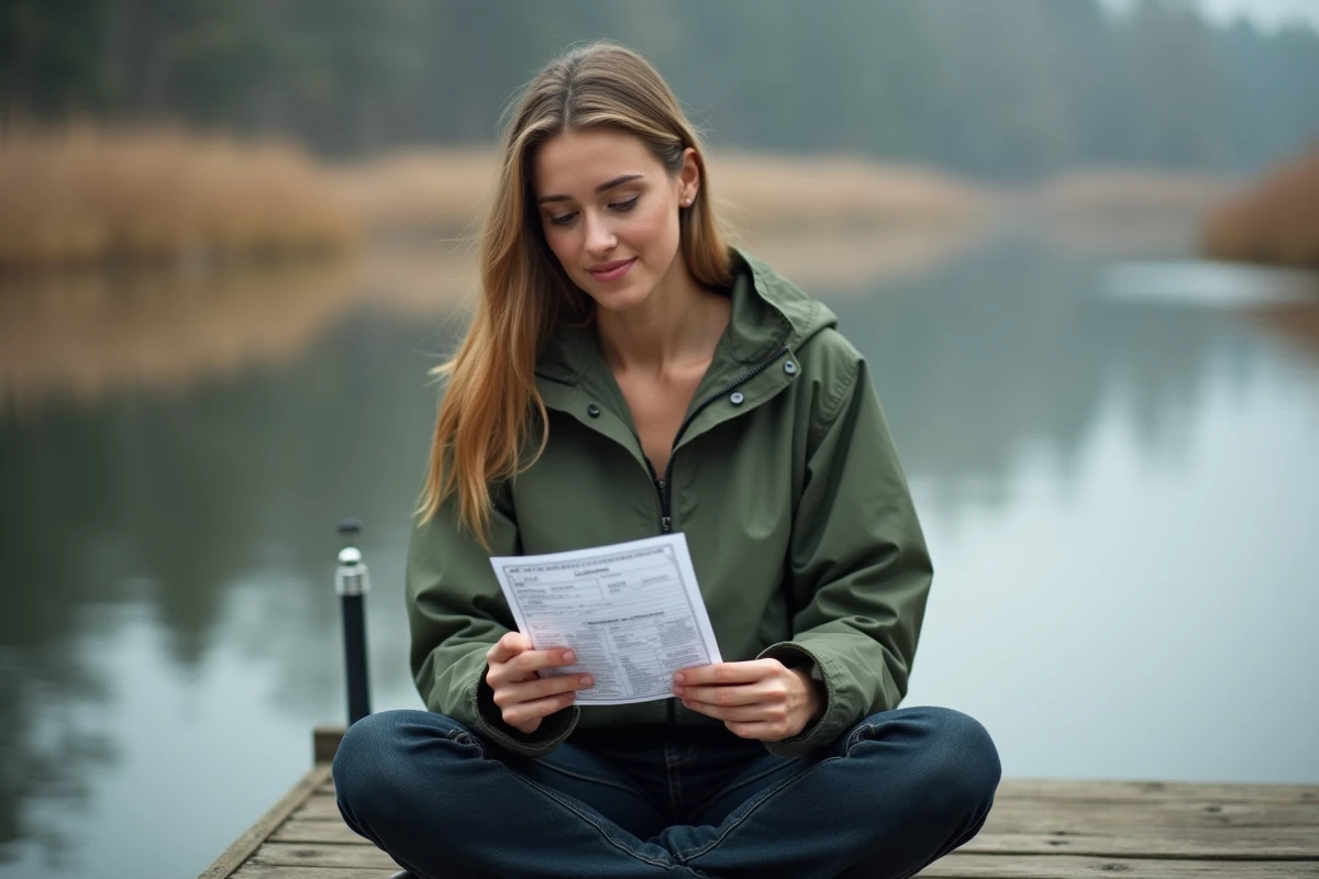 Jeune femme consultant sa carte de pêche sur un ponton au bord d'une rivière calme