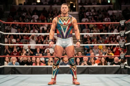 Catcheur professionnel en tenue de ring lors du WWE Saturday Night Main Event devant une arène comble