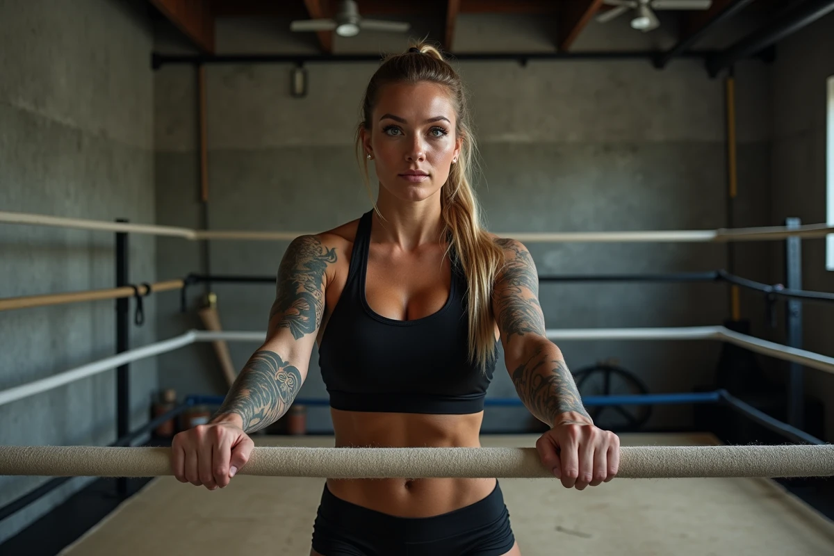 Catcheuse musclée et tatouée agrippant les cordes du ring dans une salle d'entraînement de catch, ambiance sportive authentique