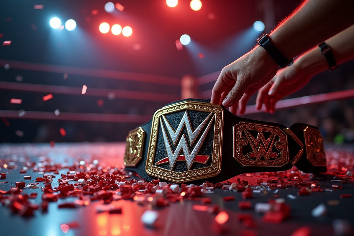 Main atteignant la ceinture de championnat WWE sur le sol avec confettis