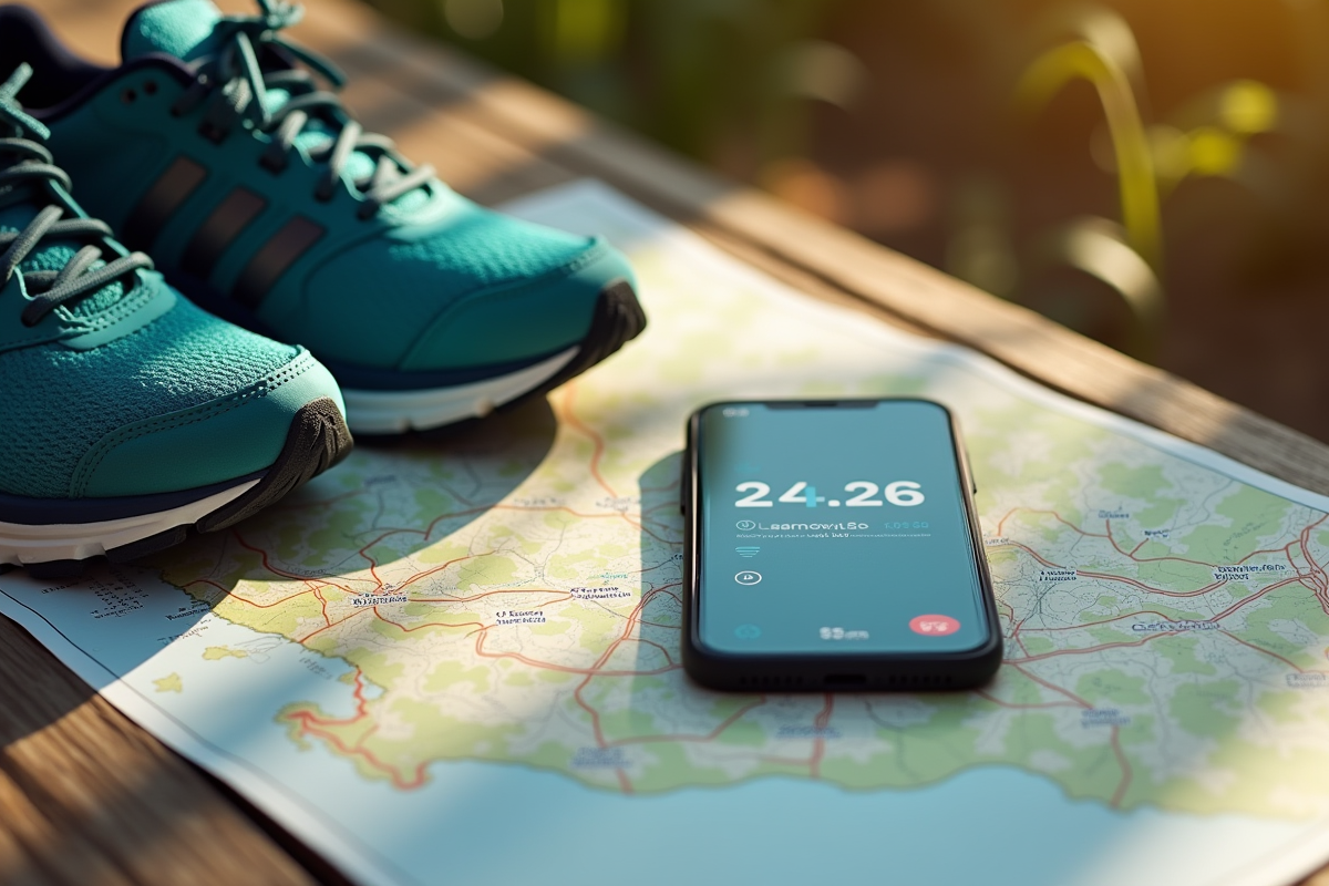 Chaussures de course et smartphone avec application de comptage de pas sur une table en bois