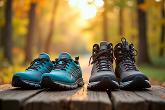 Chaussures de trail et bottes de randonnee sur un banc en foret